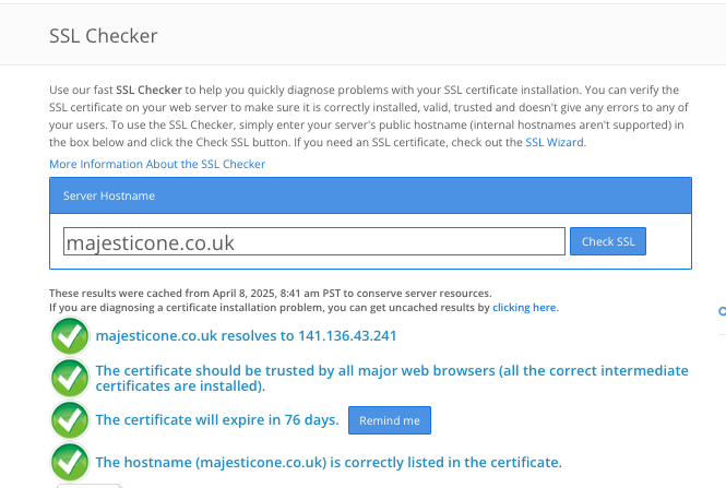 SSL Checker showing majesticone.co.uk has an SSL certificate and is secure